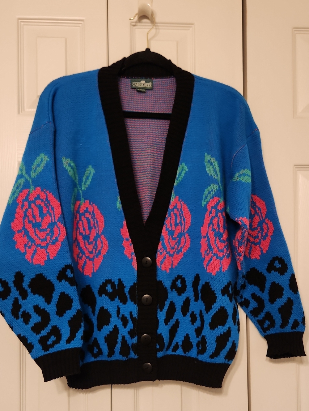 Cabin Creek Bright Blue Cardigan with Pink Roses and Black Leopard Accents
